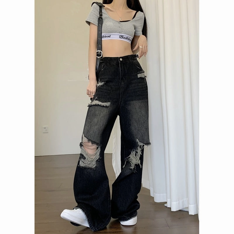 Street Fashion Affordable Universal Style Women's American-style High Street Black Ripped Jeans