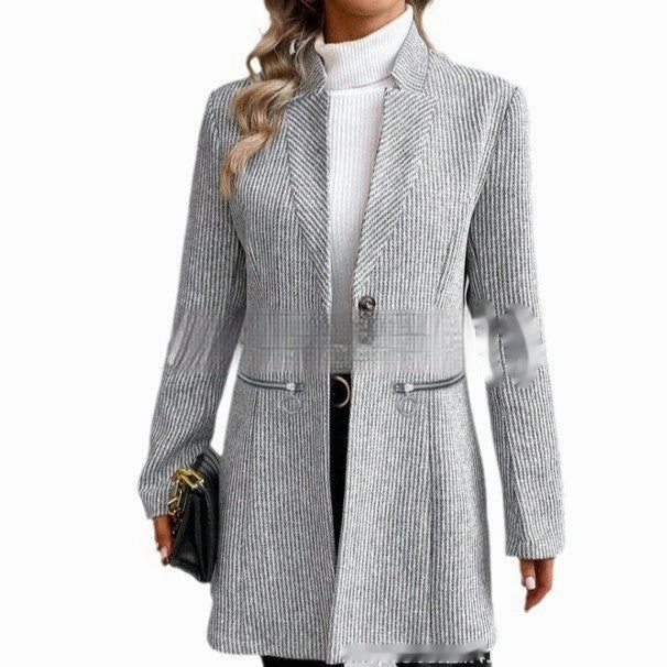 MoistureWickingLining Rugged Daily Style European And American Leisure Vertical Pattern Women's Woolen Jacket Zipper