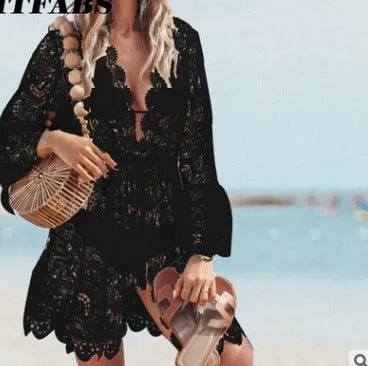 Sexy Resort Style Lace Long Sleeve V-Neck Dress Sharp Look Comfortable Layer