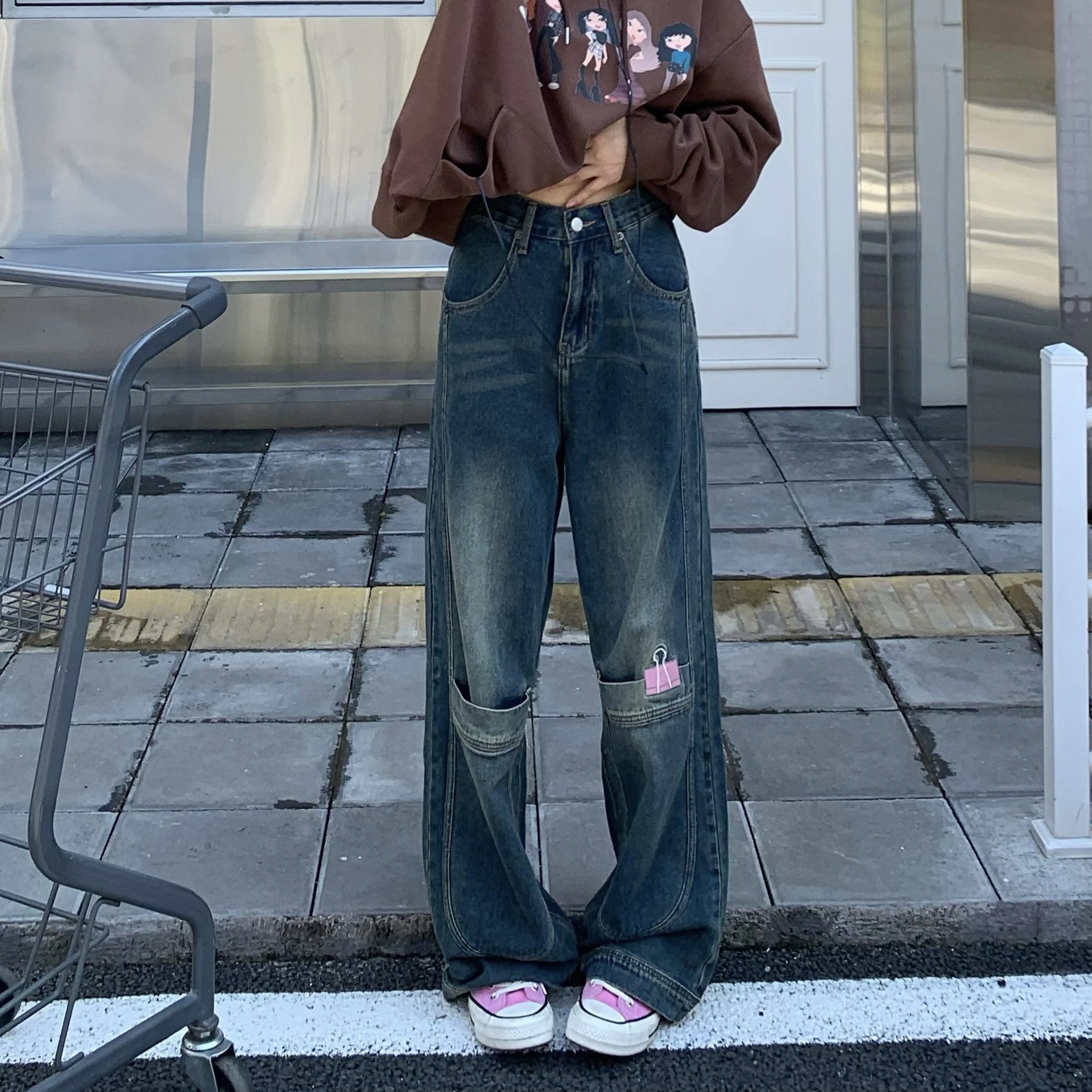 Effortless Look American-style Retro Street Pocket Clip Embroidered Jeans