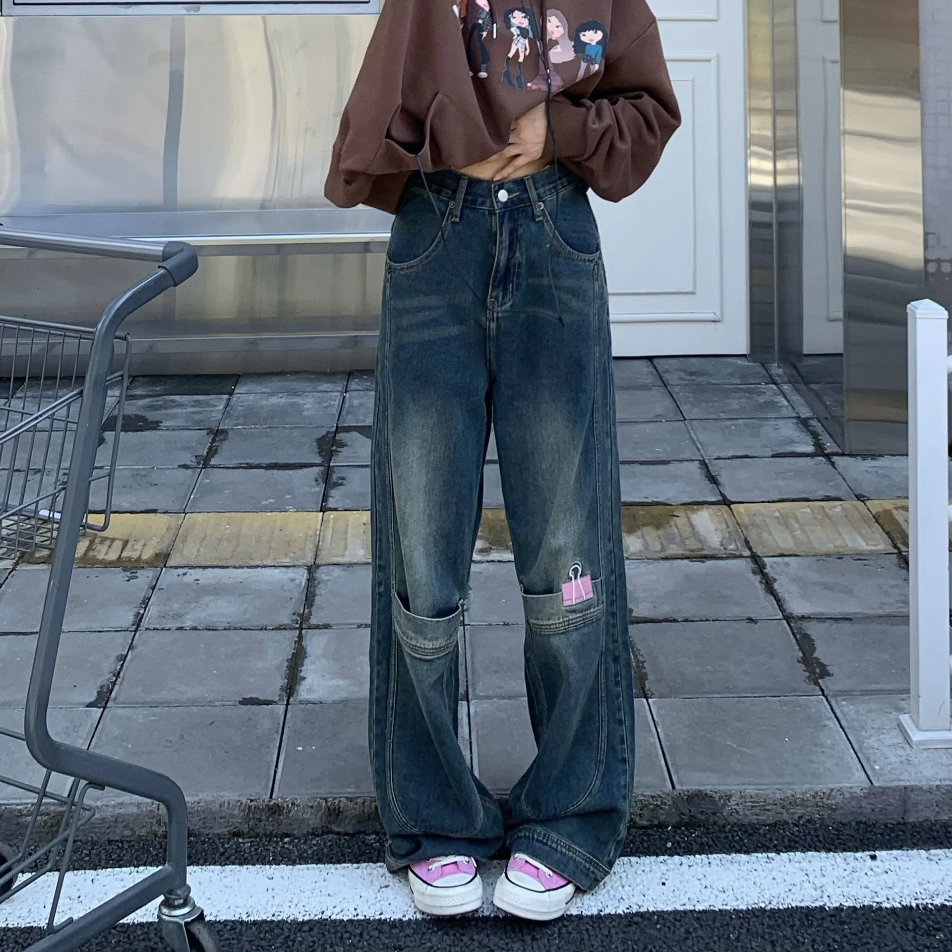 Easy Fashion Flattering Waist American-style Retro Street Pocket Clip Embroidered Jeans