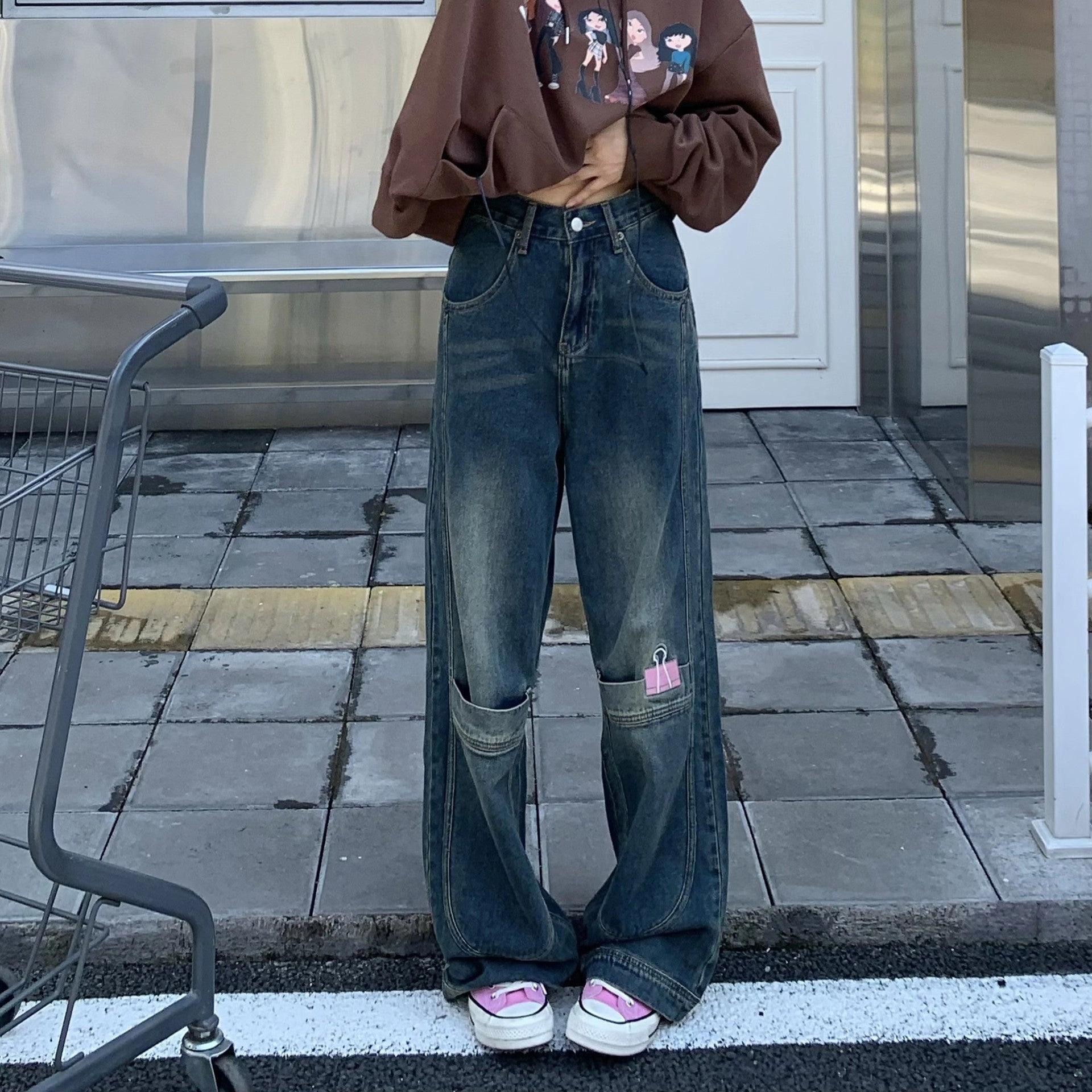 Edgy Design Brunch Outfit Classic Wear Luxury American-style Retro Street Pocket Clip Embroidered Jeans