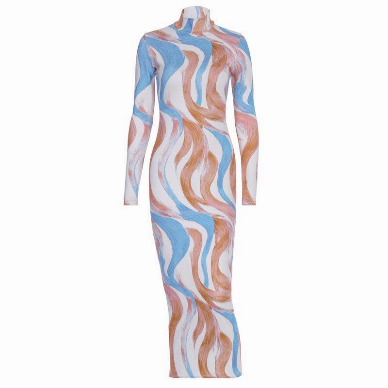 Exclusive-Design Delicate Lines Casual Round Neck Print Split Mid-Length Dress