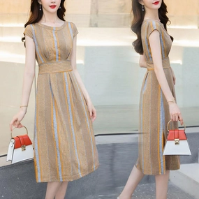 Slim slim mid-length striped dress Daily Casual Formal dinner wear