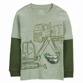 Wrinkle Free Weave Buttonless Closure Toddler Boys' Construction Foil Long-Sleeve Tee 2S037810