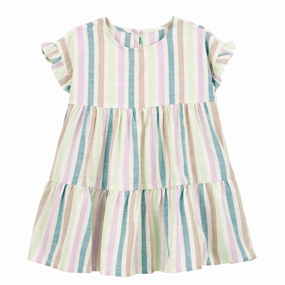 Toddler Girls' Striped Tiered Linen Dress 2S783010 Easy Wear QuickDry Technology