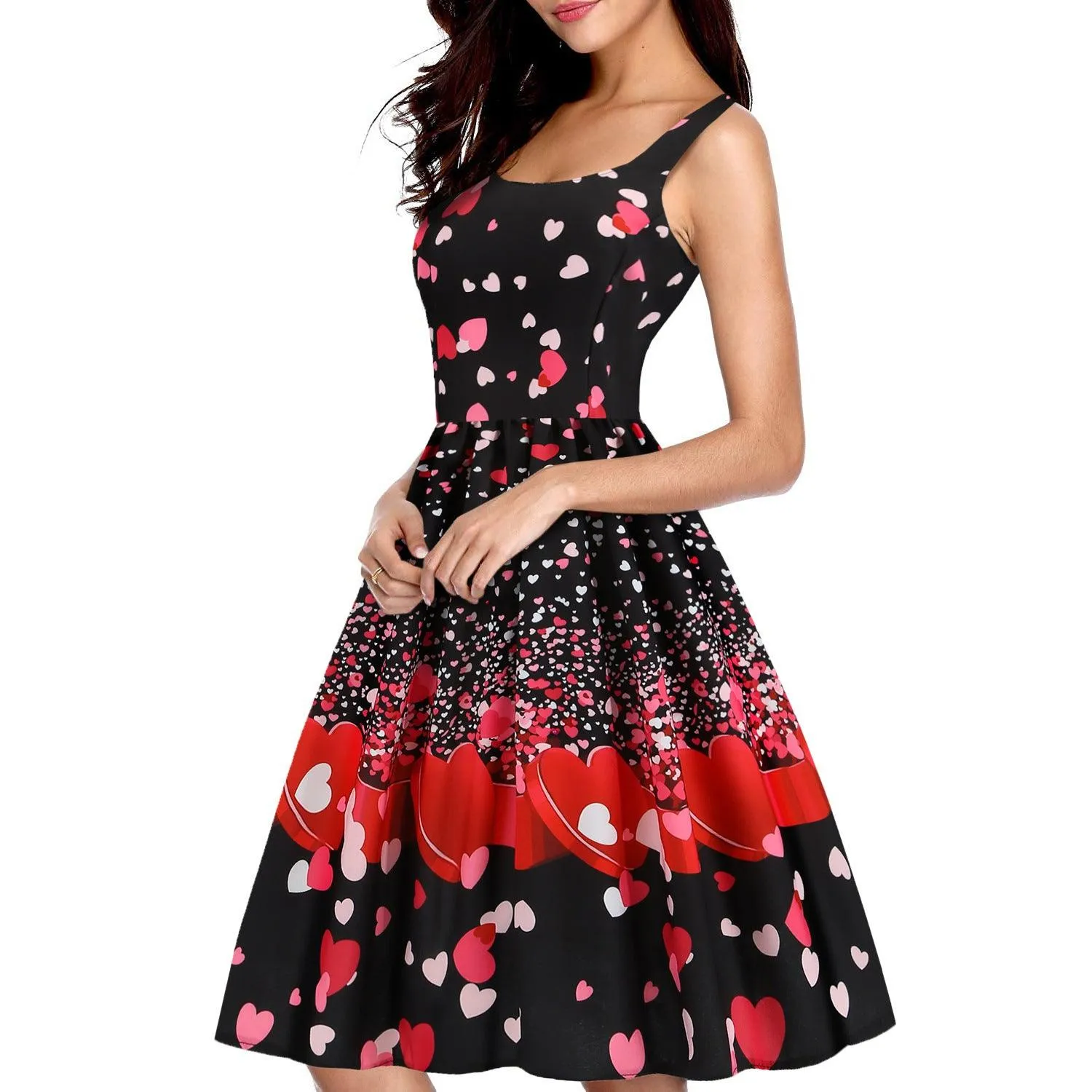Valentines Day Temperament Stitching Heart Shaped Print Swing Dress Timeless Cut Perfect Shape