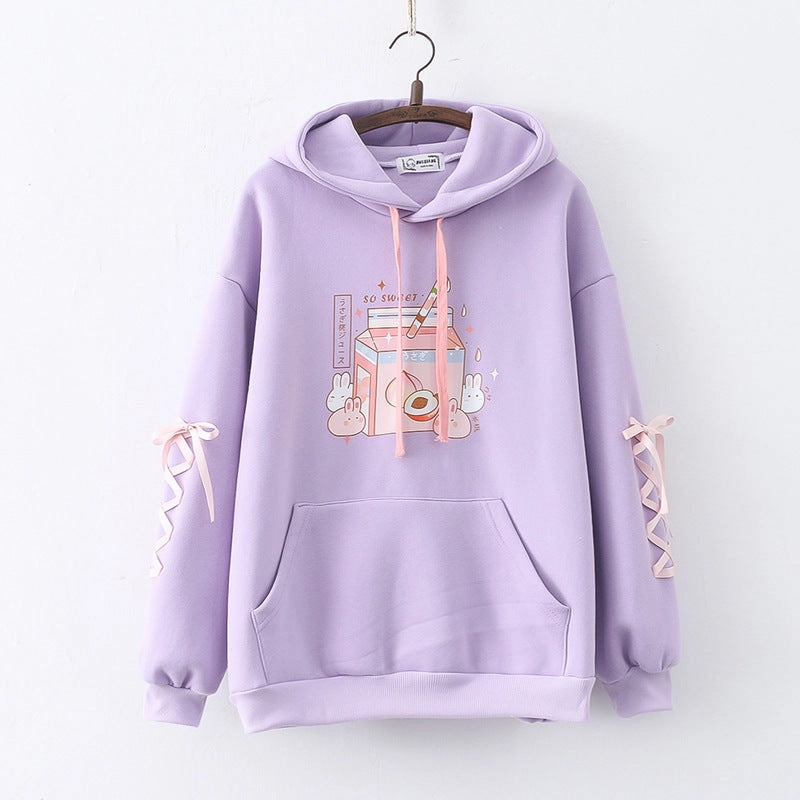 friends gathering Acrylic blend Cartoon Peach Drink Bunny Print Fleece Pullover Ladies Sweater
