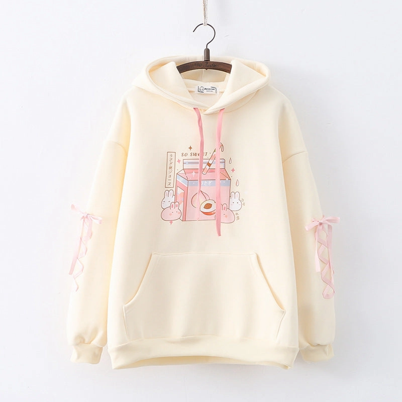 Valentine's Day wear restaurant dining Cartoon Peach Drink Bunny Print Fleece Pullover Ladies Sweater