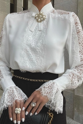 Gift Idea Polished Finish Women's Long Sleeve Lace Top Solid Color Shirt