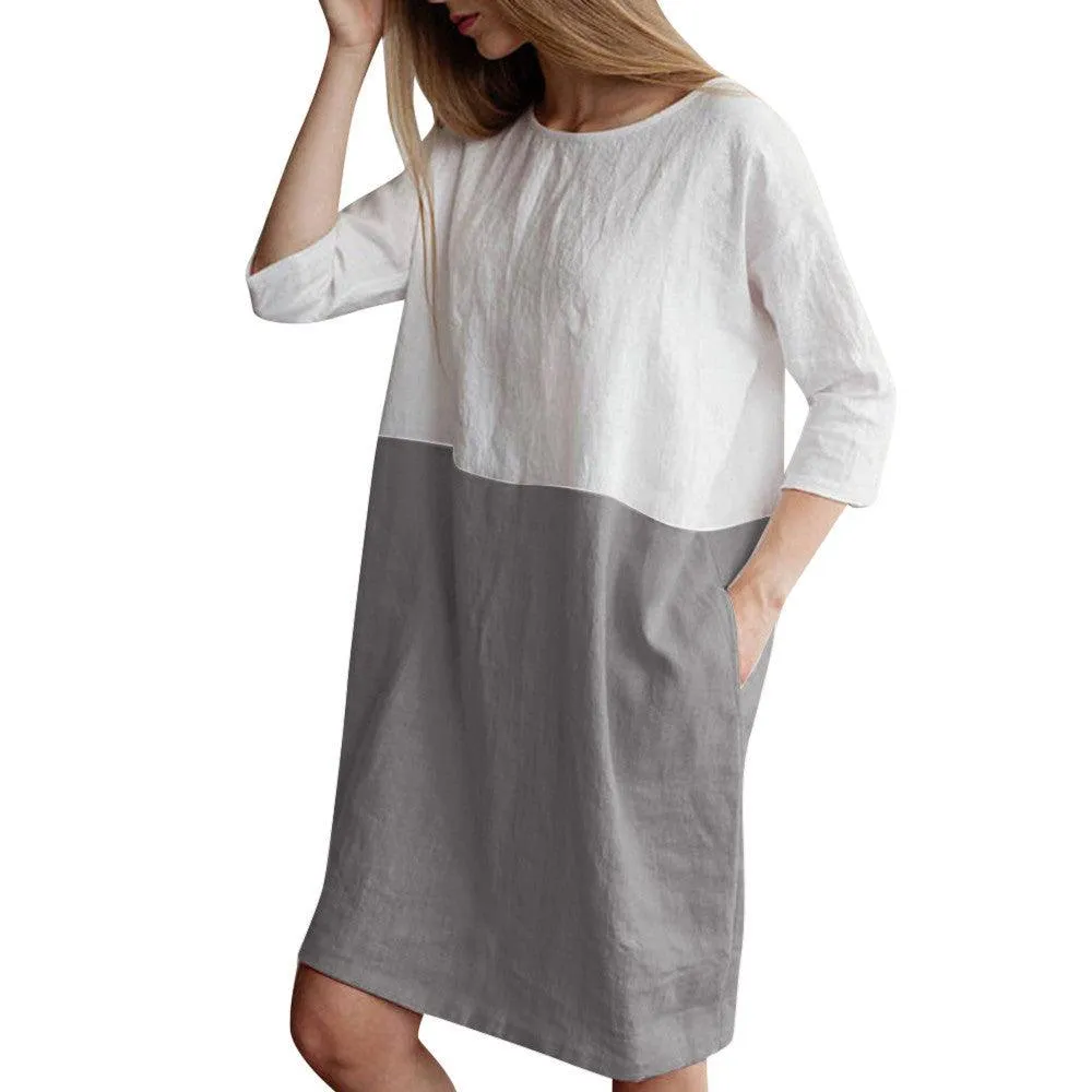 Light Soft Minimal Design Splicing half-sleeved cotton and linen dress