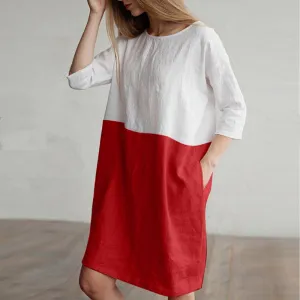 Splicing half-sleeved cotton and linen dress Nature Glow