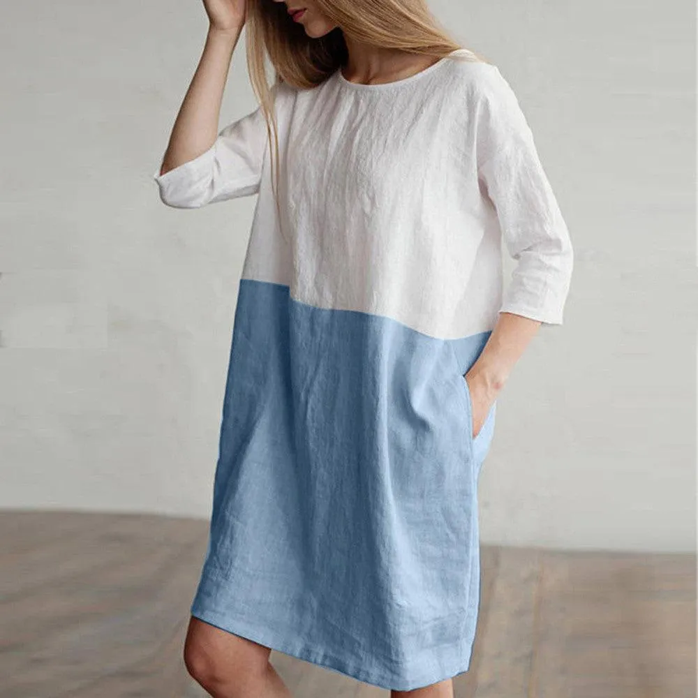 Calm Movement Garden Scene Splicing half-sleeved cotton and linen dress