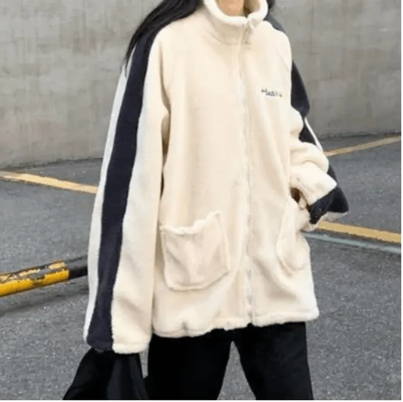 Trendy Letters Embroidered Lamb Velvet Long-Sleeved Jacket product pearl elegance Sporty Jacket