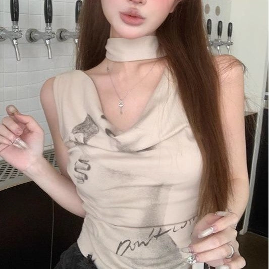 American Hot Girl Printed Halter Sleeveless Vest Top Personalized Touch Camouflage Style