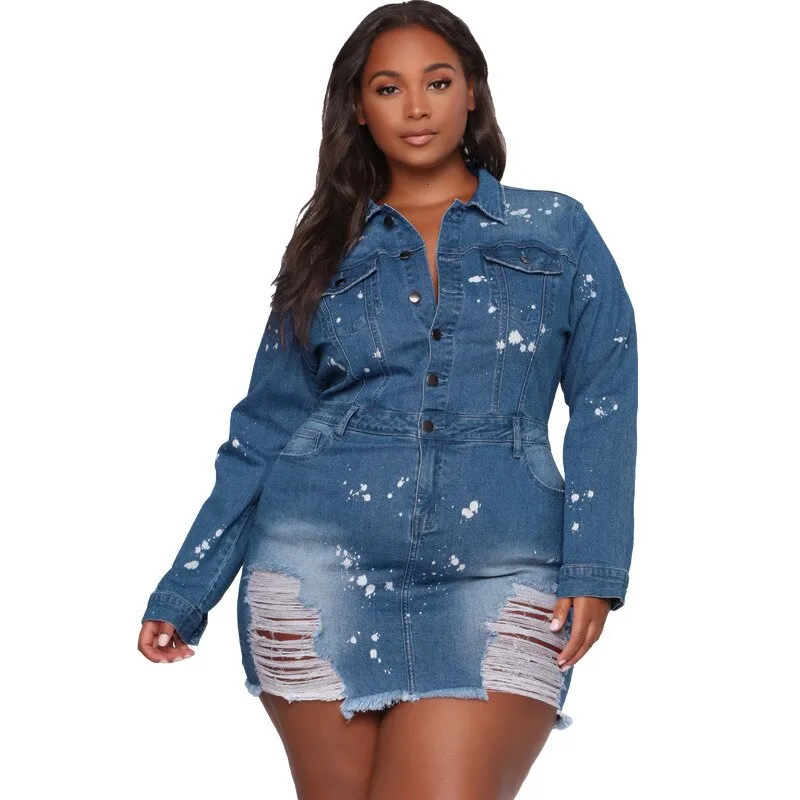 Turn Down Collar Denim Jacket-Dress for Women High-Neck