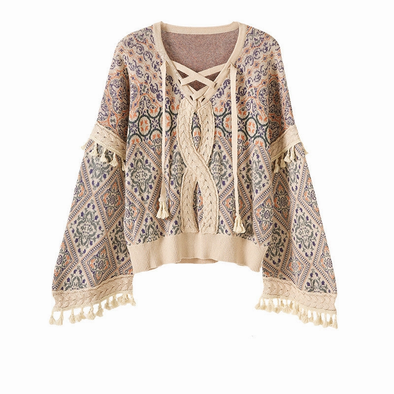 Twist Jacquard Tassel Drop Shoulder Sweater Jacket Snug Fit Non Irritating Seams