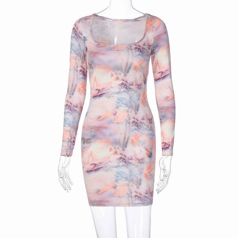 Feel Good U-neck short skirt sexy fashion long sleeve dress