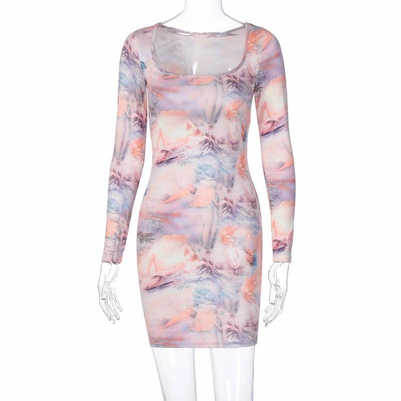 U-neck short skirt sexy fashion long sleeve dress Relaxed fit wear