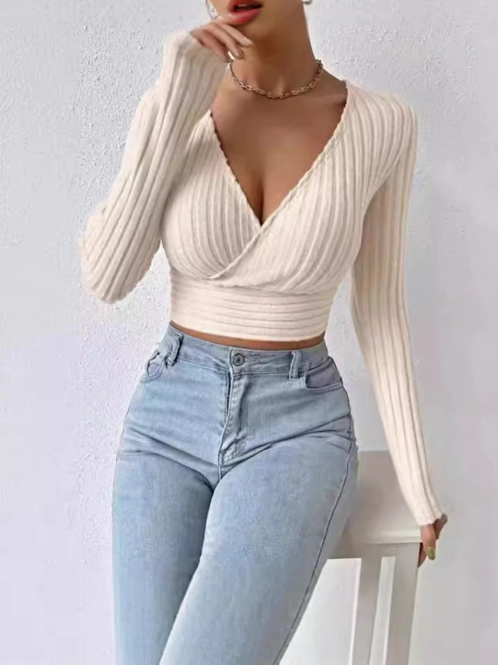Short Deep V-neck Slim-fit Long Sleeve Knitted Sweater Relaxed Fit Chilly Wear