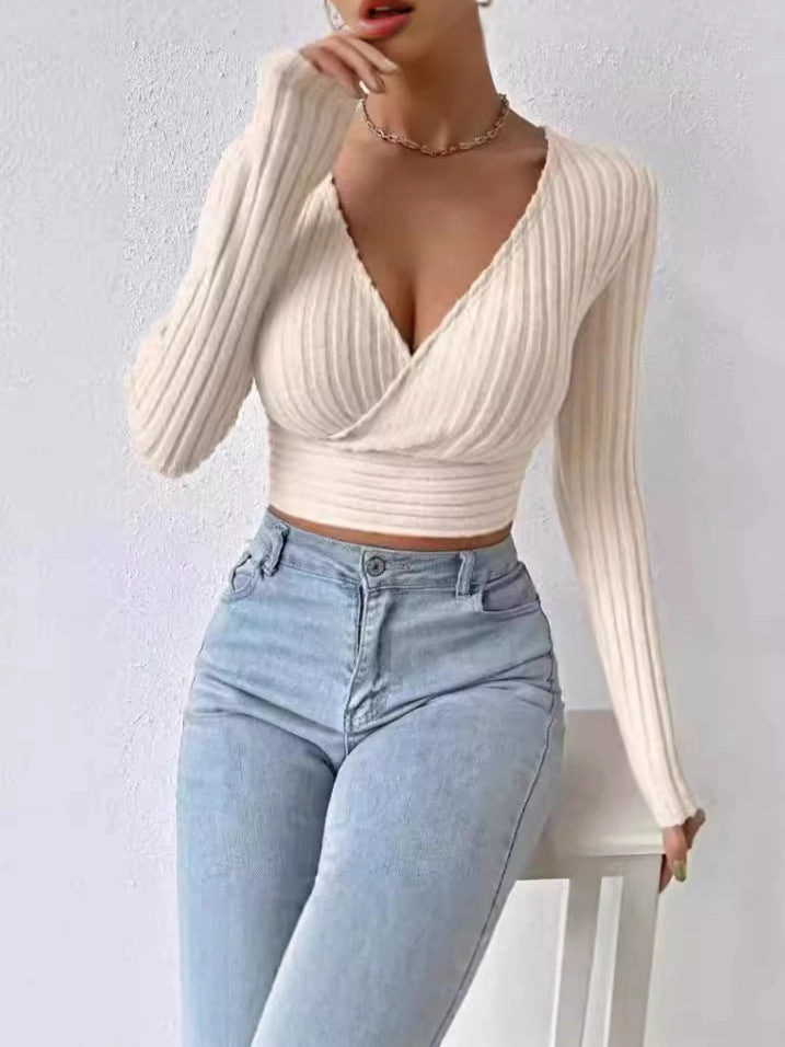 Drop Shoulder Design Minimal Design Short Deep V-neck Slim-fit Long Sleeve Knitted Sweater