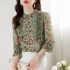 Easy Styling Women's Long Sleeved New Chiffon Printed Top Westernized Small Shirt