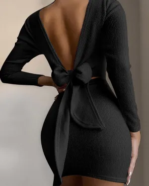 Women's Back Knotted Long Sleeved Bodycon Dress Vintage Vibe