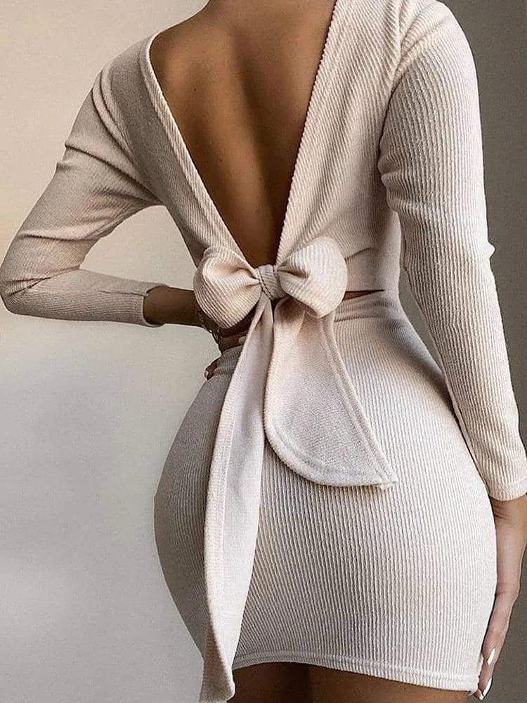 Button-Cuff Women's Back Knotted Long Sleeved Bodycon Dress