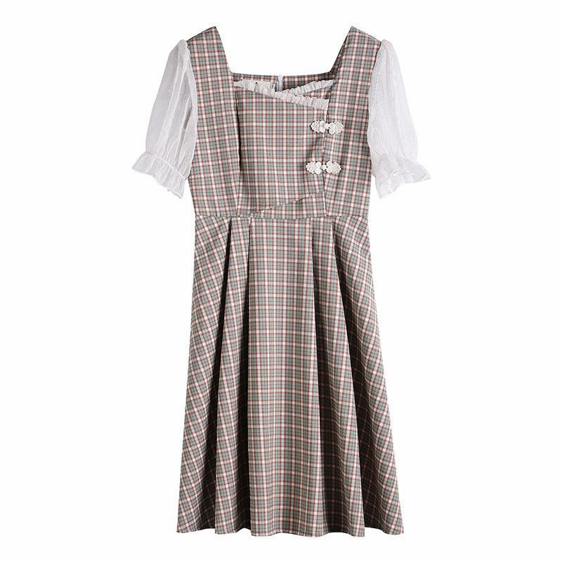 Retro long sleeve stitching plaid dress Smart touch Back Detail