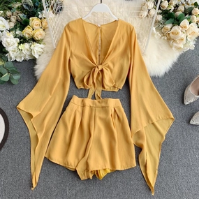 New Design Sense Bell Sleeve Chiffon Shirt High Waist Wide Leg Shorts Western Style Two-piece Suit Slim Versatile