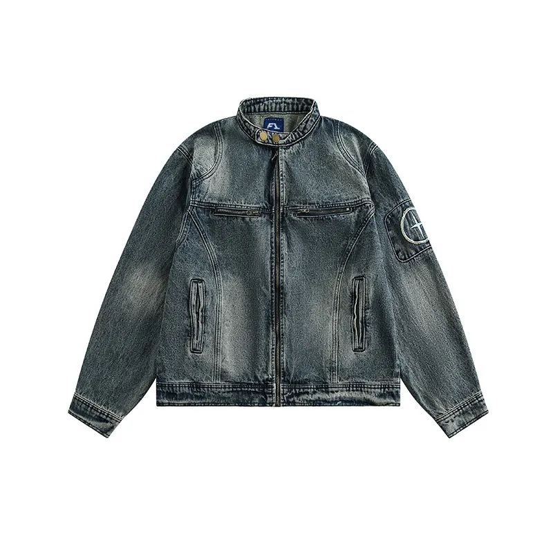 Men's Fashion Retro Trend Embroidered Denim Jacket HighNeckDesign