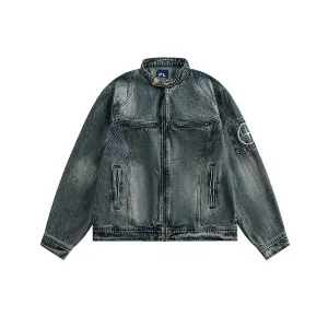Men's Fashion Retro Trend Embroidered Denim Jacket HighNeckDesign