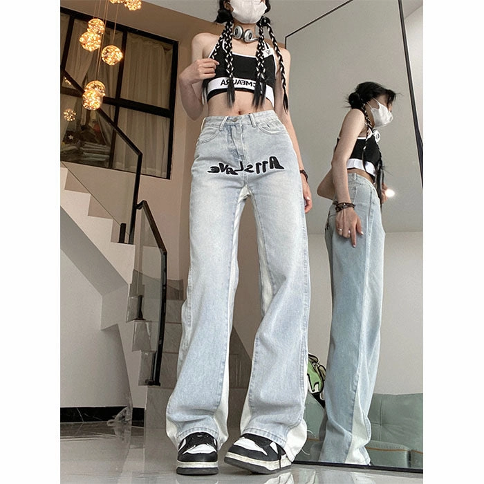 classic clothing Double Layered Knees High Street Embroidery Stitching Jeans Women's Straight Slimming