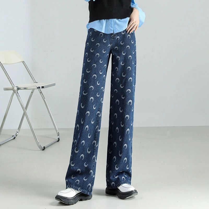 Women's High-Waist Moon Print Baggy Jeans: Casual Vintage-Inspired Denim Wardrobe Fit Functional Casual
