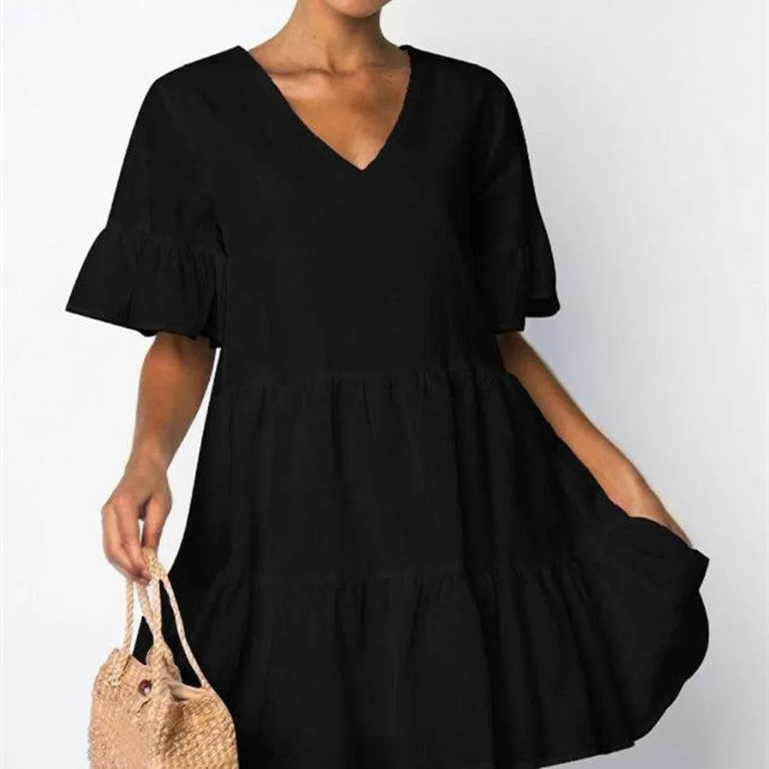 Elegant Waist V-neck short sleeve skirt dress