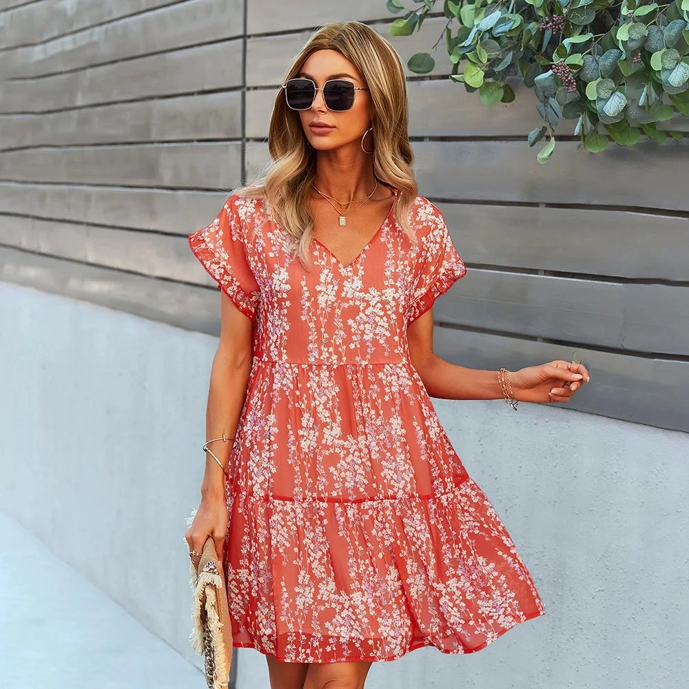 V-Neck Chiffon Dress with Ruffled Edges and Flying Sleeves Brunch Outfit
