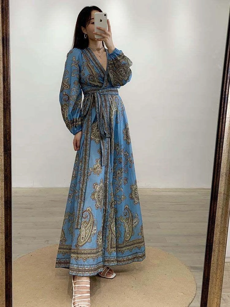 V-neck lantern long-sleeved tie dress Beadwork Global Style