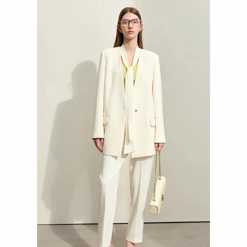 V-Neck Loose Mid-length Blazer with Straps Vegan Leather Accents