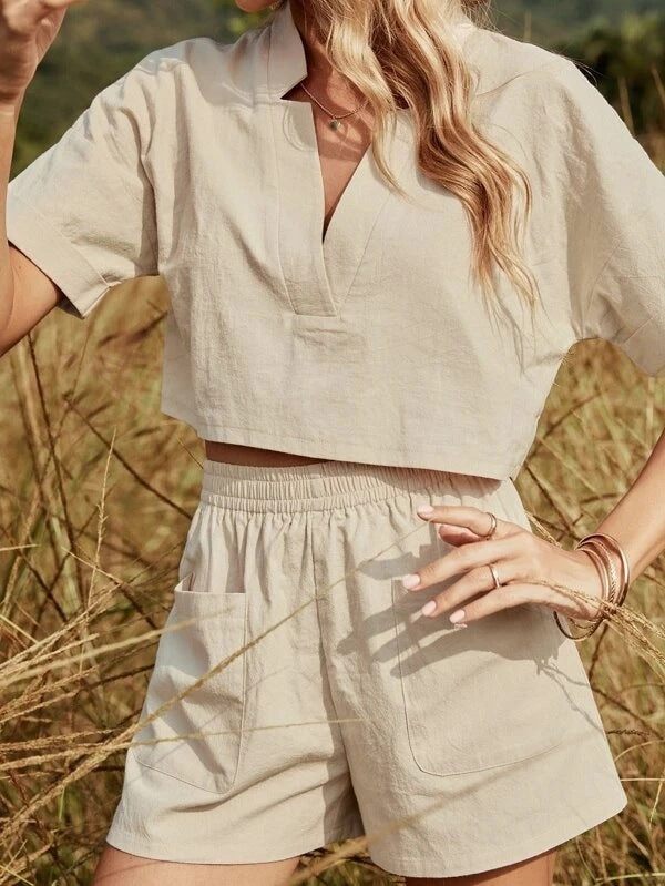 Beach Retro V-neck Solid Color Off-shoulder Top And Patch Pocket Shorts Fashion Casual Set