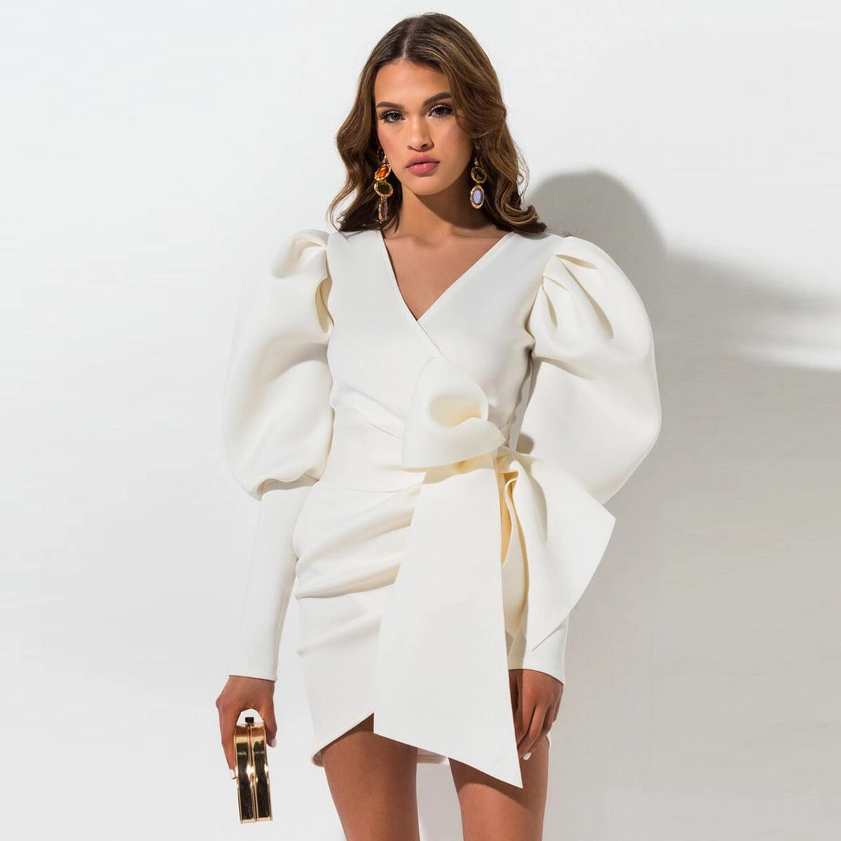 V-neck wrap chest puff sleeve bow tie slim coat Graduation-Event