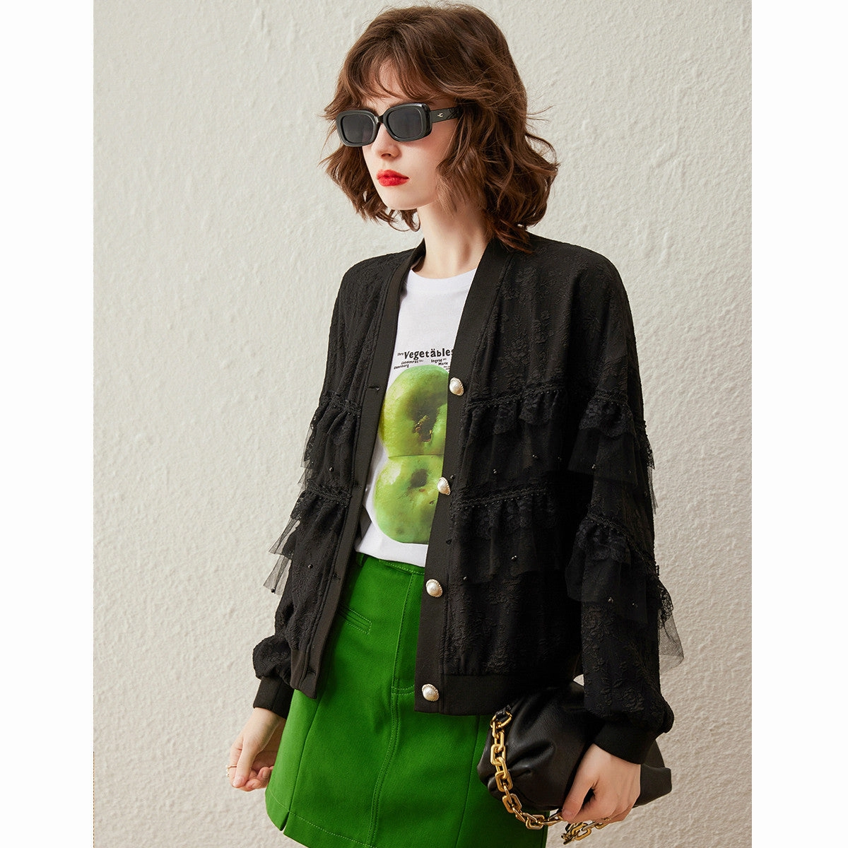 Women's Elegant Mesh Lace Beaded V-Neck Coat Anti Static Lining