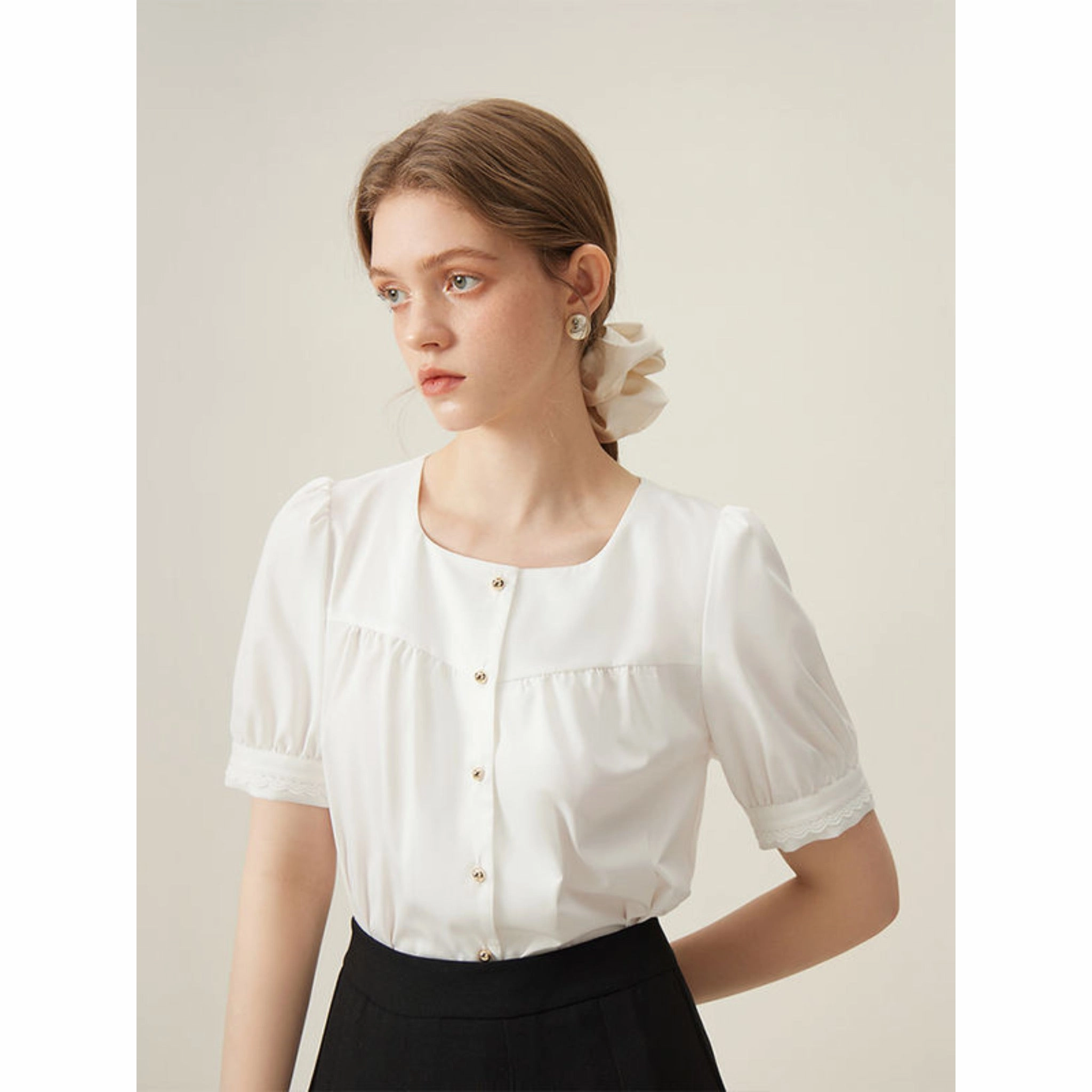 Designer Look Boho chic White French Square Collar Shirt with Puff Sleeve