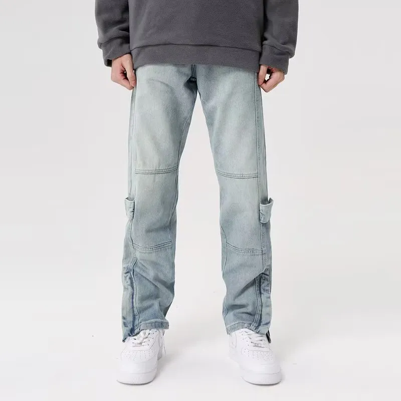 American-style Split Zipper Retro Wide Leg Straight Light Color And Water Scrubbing Jeans premium design Light Fabric