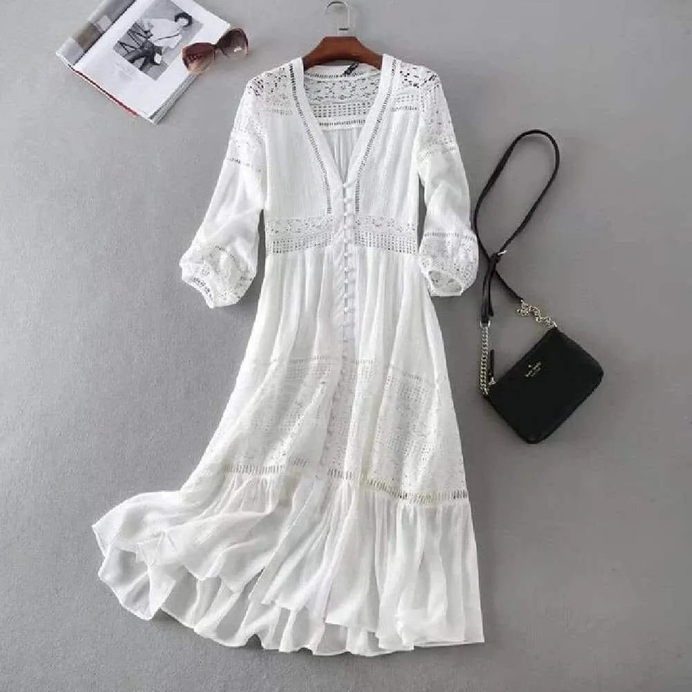 Tasteful Detail Vintage Lace Women's Dress in White