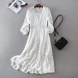 Vintage Lace Women's Dress in White TearResistantFabric Smooth Fit