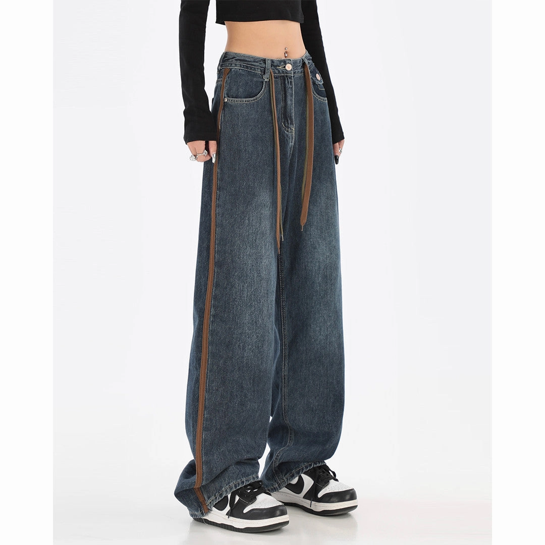 Durable Rivet Hardware Vintage Design Feeling High Waist Straight Tube Thin Loose Jeans