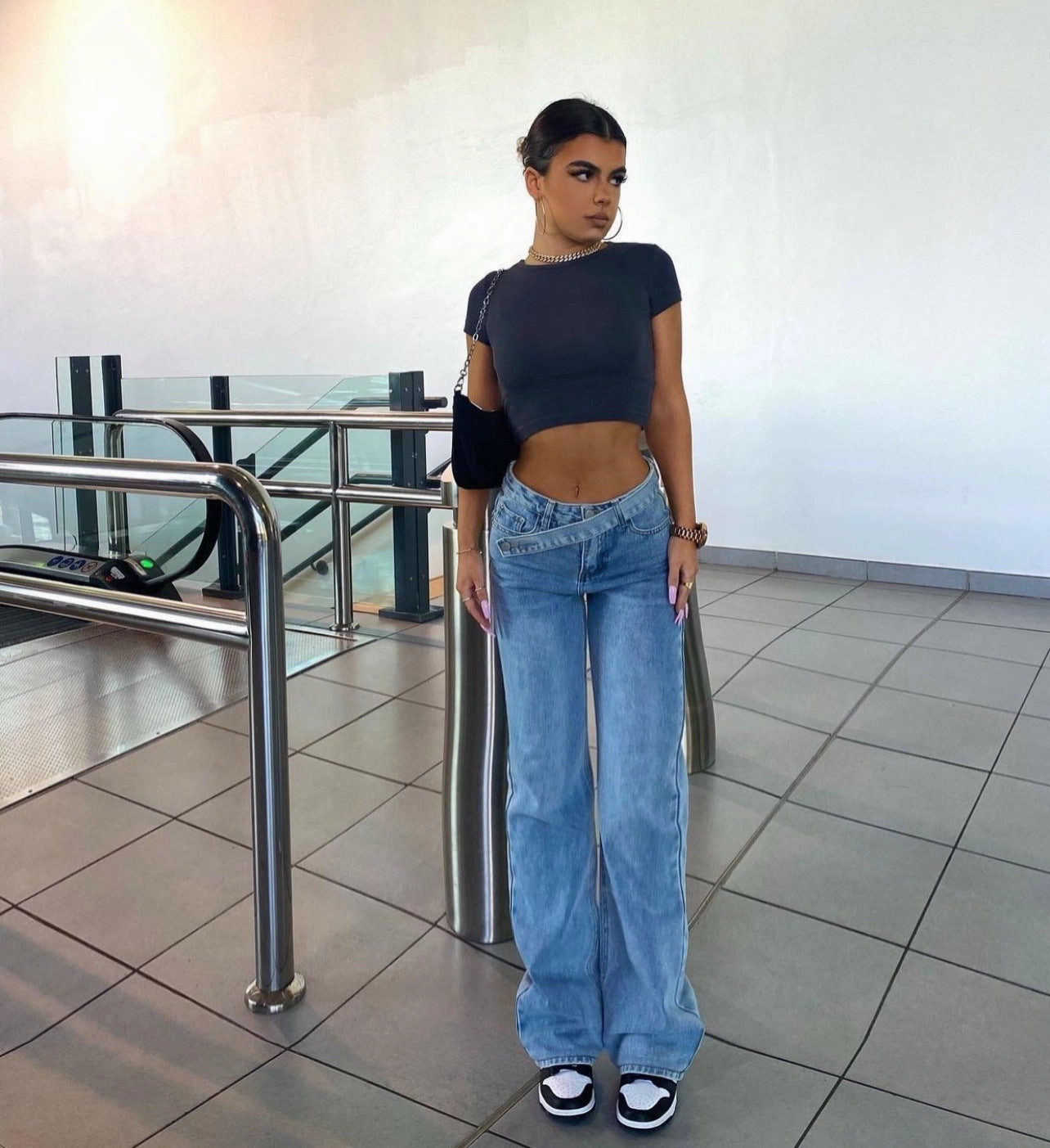 Neutral Tones Travel Ready Light Blue Personality Design Bevel Button Jeans Straight Leg Pants