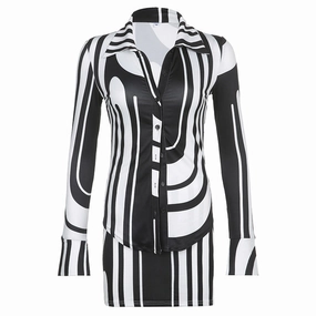 Sporty Home Flexible Hot Women's Suit Corrugated Printing Lapel Single-breasted Shirt Top And Skirt Two-piece Set