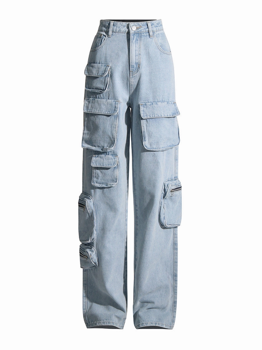 Student Outfit Streetwear Fan Street Essential Vintage Light Blue Washed High-waisted Tooling Jeans For Women
