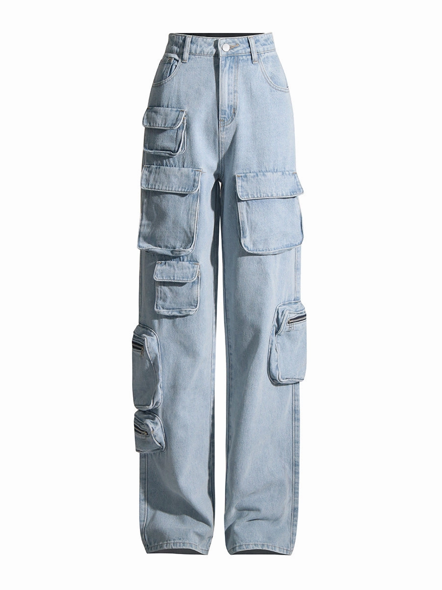 Vintage Light Blue Washed High-waisted Tooling Jeans For Women Date Night Loose Vintage Lover